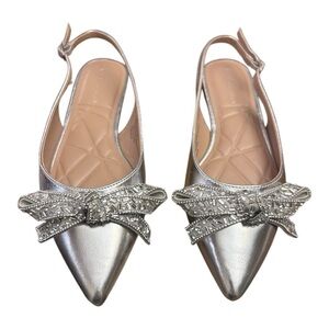 BCBGeneration Katly Metallic Silver Rhinestone Bow Slingback flats Size 6.5 NEW